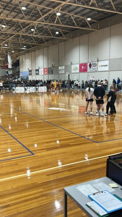 The Netball SA Stadium roof leaked onto court 4 during the Premier League match between Oakdale and Metro Jets, forcing the match to be abandoned early in the third quarter. Picture: Facebook