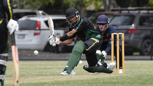 Box Hill batsman Ammar Shah drove a leading 27 for his side in a low-scoring arm wrestle. Picture: Andrew Batsch