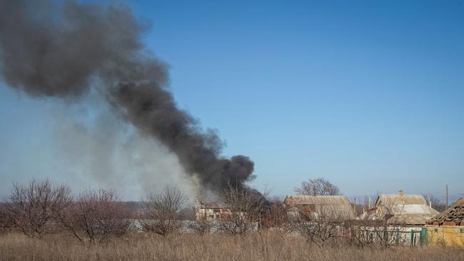 A house burns after a Russian strike in the Donetsk region of Ukraine. Picture: Stringer/Reuters/WSJ