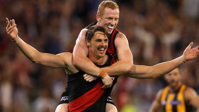 Josh Green and Joe Daniher celebrate. Picture: Michael Klein