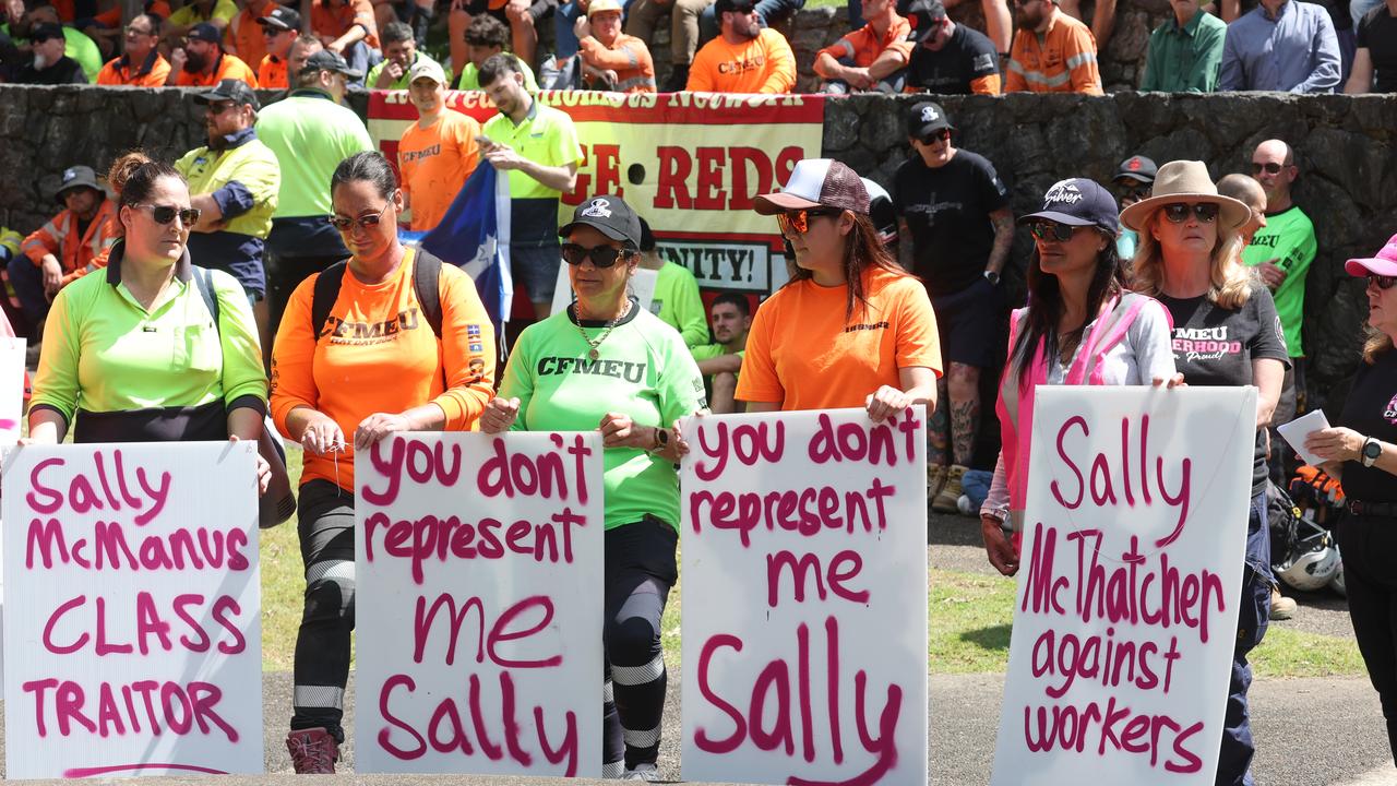 Many participants held signs at Tuesday’s rally condemning Sally McManus, secretary of the Australian Council of Trade Unions. Picture: Liam Kidston