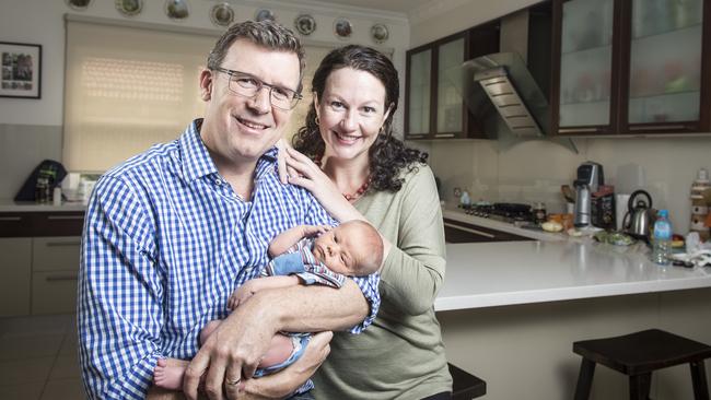 Human Services Minister Alan Tudge wife Teri and their new born son Richard. Picture: Eugene Hyland