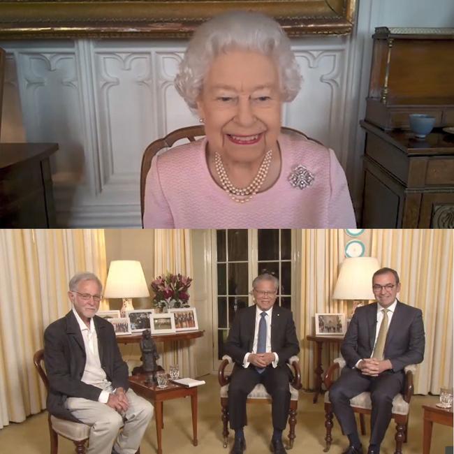 The Queen on the video call with artist Robert Hannaford, Governor Hieu Van Le and Premier Steven Marshall.