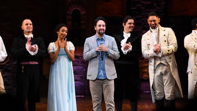 Lin-Manuel Miranda on stage with the Hamilton cast at QPAC.