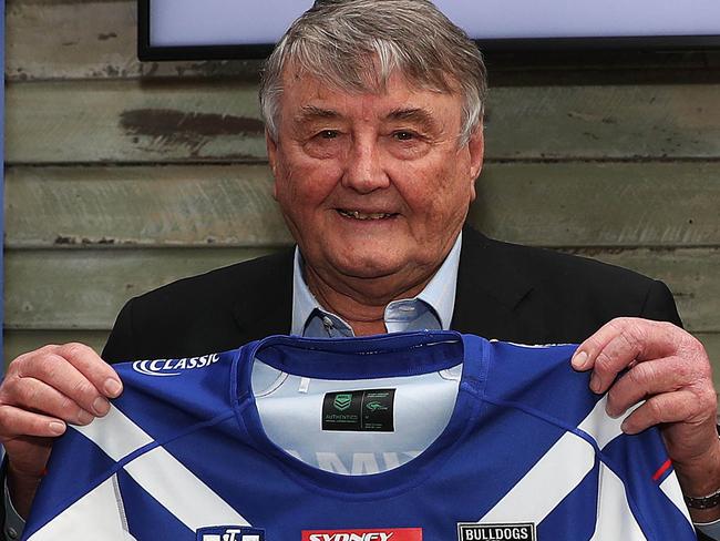 Canterbury Bulldogs sponsor launch with chief executive Andrew Hill at the Twin Willows Hotel, Bass Hill. Andrew holds the new Bulldogs jersey with Laundy Hotels owner Arthur Laundy. Picture: Brett Costello