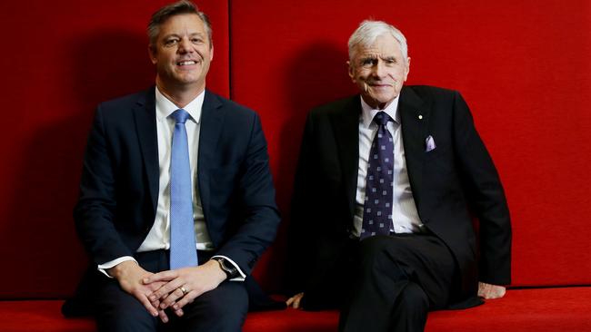 New Seven West Media chief executive James Warburton with the company’s chairman, Kerry Stokes, in Sydney today. Picture: Nikki Short