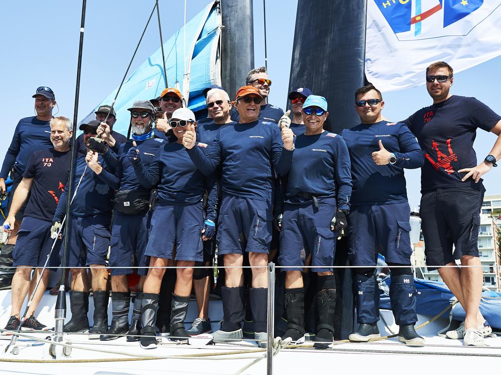 The crew of Maserati pose for a photo prior to setting sail from the CYCA during the 2019 Sydney to Hobart on December 26, 2019 in Sydney, Australia. (Photo by Brett Hemmings/Getty Images)