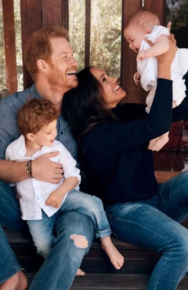 Harry and Meghan at their Montecito home with their children Archie and Lilibet. Picture: Alexi Lubomirski