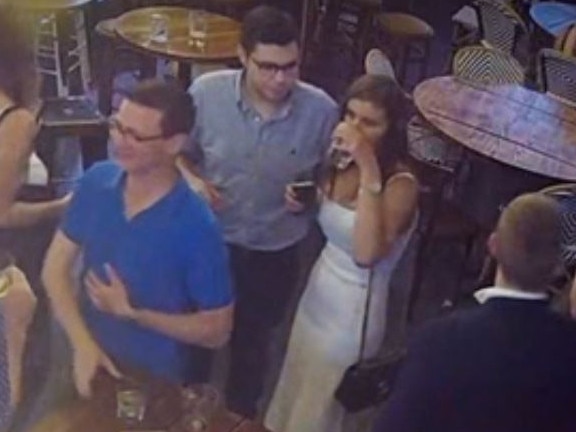 Screen grabs from Seven's Spotlight program of CCT footage showing Brittany Higgins and Bruce Lehrmann together at a bar, The Dock. Bruce Lehrmann breaks his silence in first TV interview. Picture: 7 Spotlight