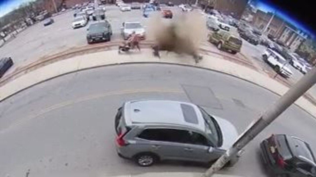 Wild video captured just how close the manhole explosion was to a grandmother and her two grandkids. Picture: Poughkeepsie Fire Department via Storyful