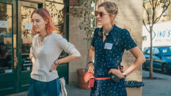 Greta Gerwig, right, with Saoirse Ronan on the set of Lady Bird.