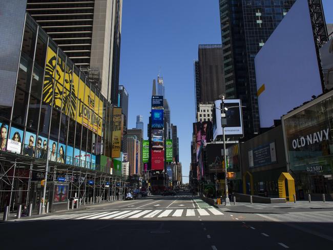 A near empty street in Times Square on Monday. Numbers of coronavirus deaths are starting to level out. Picture: Getty Images/AFP