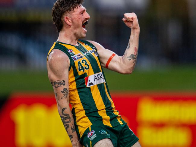 Benjamin Brett celebrates a goal for PINT against the Darwin Buffaloes in Round 10 of the 2023-24 NTFL season. Picture: Pema Tamang Pakhrin