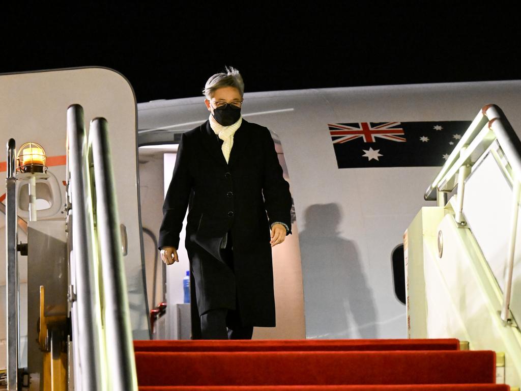 Foreign Affairs Minister Penny Wong touching down in Beijing, China. Picture: AAP Image/Lukas Coch/ NCA NewsWire