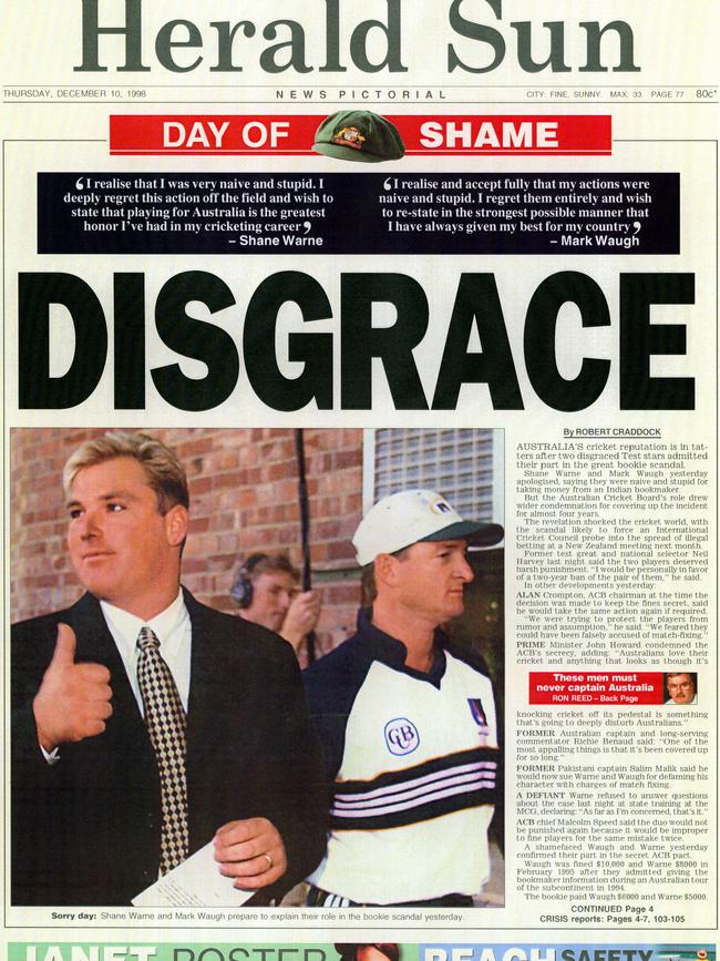 How the Herald Sun reported on the Indian Bookmaker Scandal. Front page of the Herald Sun on December 10, 1998.