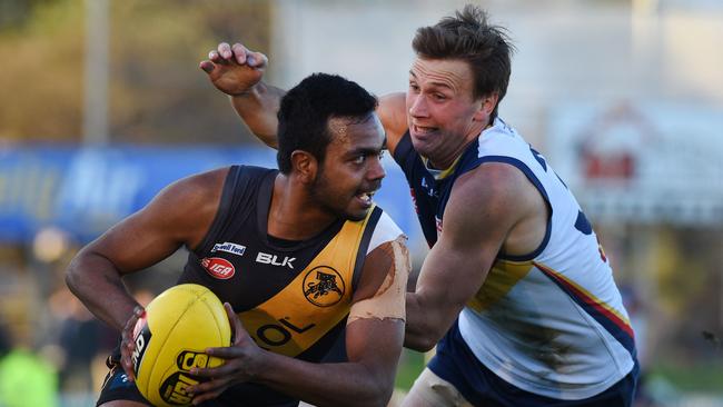 Willie Rioli emerged as a draft prospect while playing in the SANFL for Glenelg.