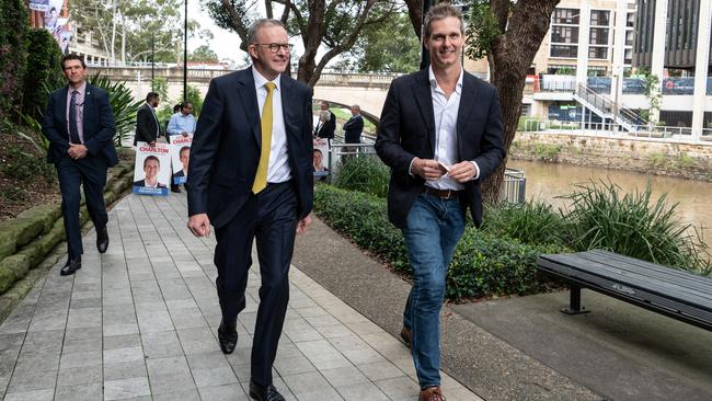 Anthony Albanese and Andrew Charlton during the federal election campaign in April. Picture: Flavio Brancaleone