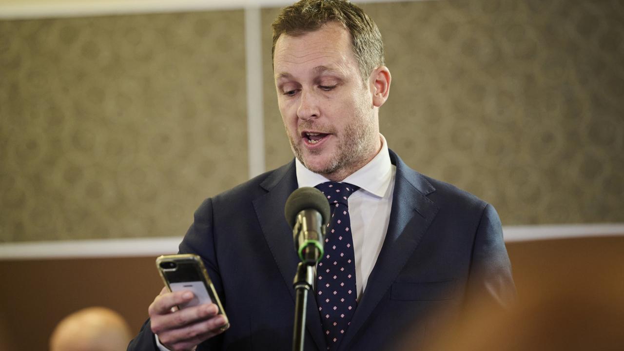 Peter van Onselen confronted Prime Minister Scott Morrison with scathing text messages about him at the National Press Club. Picture: Rohan Thomson/Getty Images