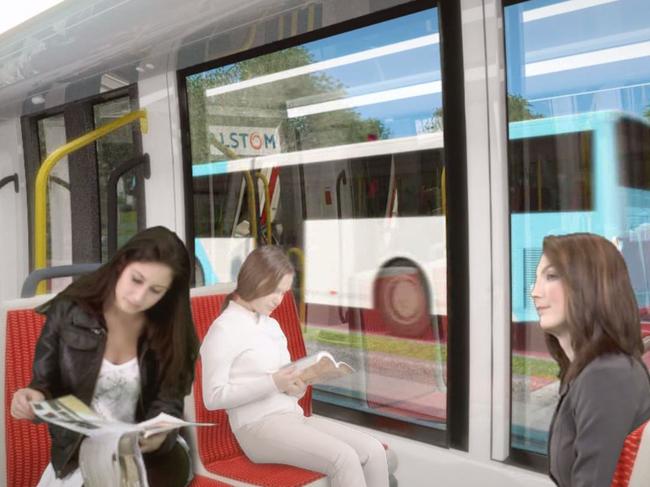 Artists impressions of the Moore Park Light Rail station and the light rail on Anzac Parade at Moore Park.