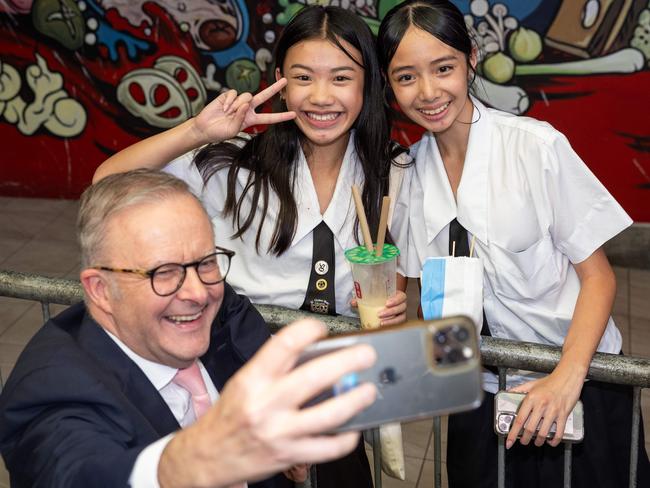 Anthony Albanese mixed with the public during a street walk at Market Square in the Brisbane seat of Moreton on Tuesday. Picture: Jason Edwards / NewsWire