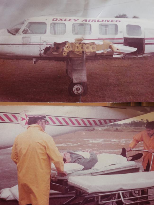 Pictures from the Oxley airlines plane he crashed in at Port Macquarie in 1985, and Ted being taken away on a stretcher. Picture Glenn Hampson