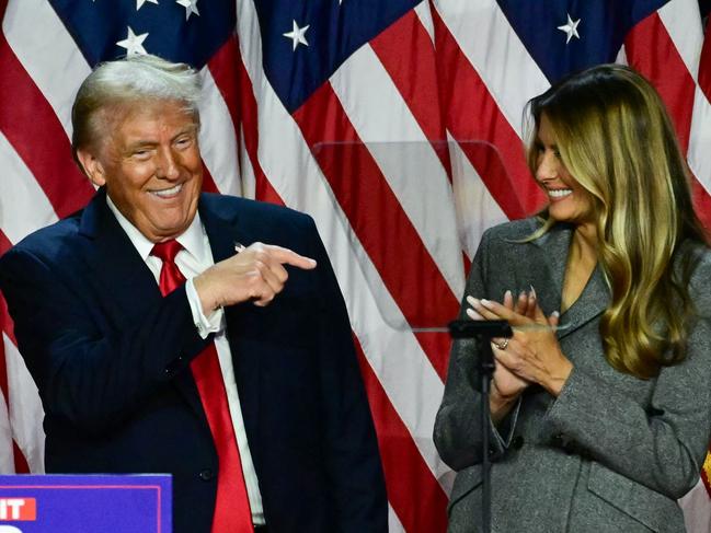 Donald Trump has claimed victory in the 2024 US Presidential election, flanked by his wife Melania. Picture: AFP