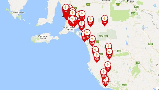 The SA Power Network outages map at 7.23pm.