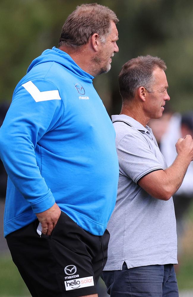 Damian Monkhorst and Alastair Clarkson. Picture: Mark Stewart