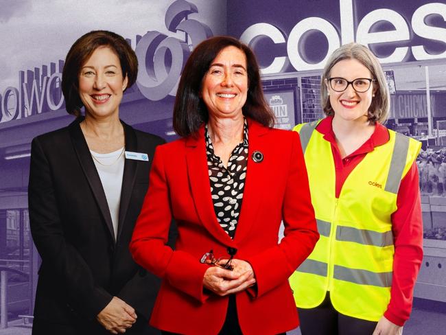 Digital mock-up of Woolworths CEO Amanda Bardwell (left), ACCC chair Gina Cass-Gottlieb and Coles CEO Leah Weckert [4x3]