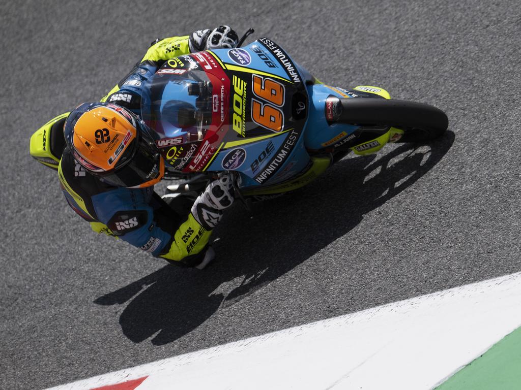 SCARPERIA, ITALY - JUNE 01: Joel Kelso of Australia and BOE Motorsport rounds the bend  during the Moto3  practice during the MotoGP Of Italy - Qualifying  at Mugello Circuit on June 01, 2024 in Scarperia, Italy. (Photo by Mirco Lazzari gp/Getty Images)