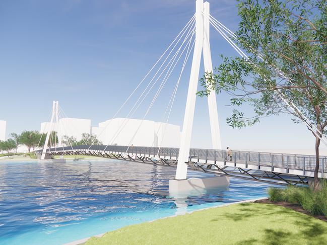 Stockland plans for new walkable waterfront with a $27m pedestrian bridge across Lake Kawana. Picture - contributed.