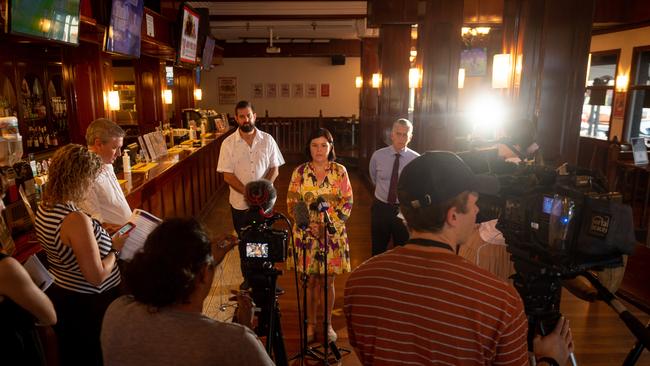 Health Minister Natasha Fyles was asked about the testing changes at a press conference in Darwin on Thursday. Picture: Che Chorley