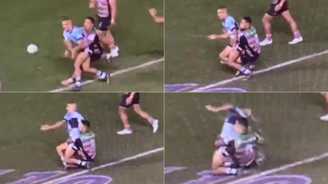 Screengrabs showing the Tevita Tatola tackle on Will Kennedy.