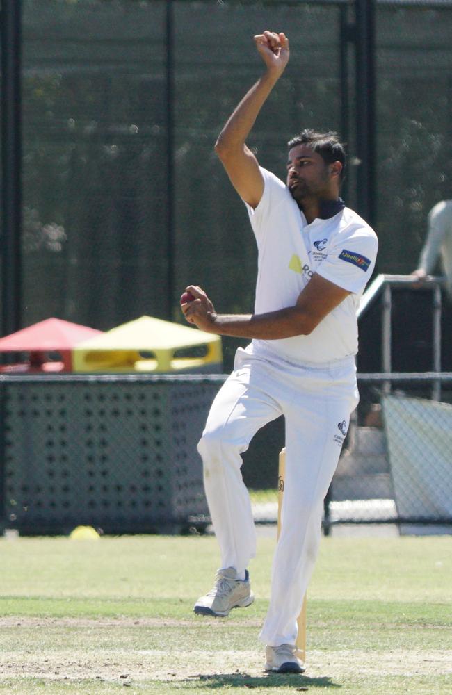 Saumil Patel bowling for Carnegie. Picture: Valeriu Campan