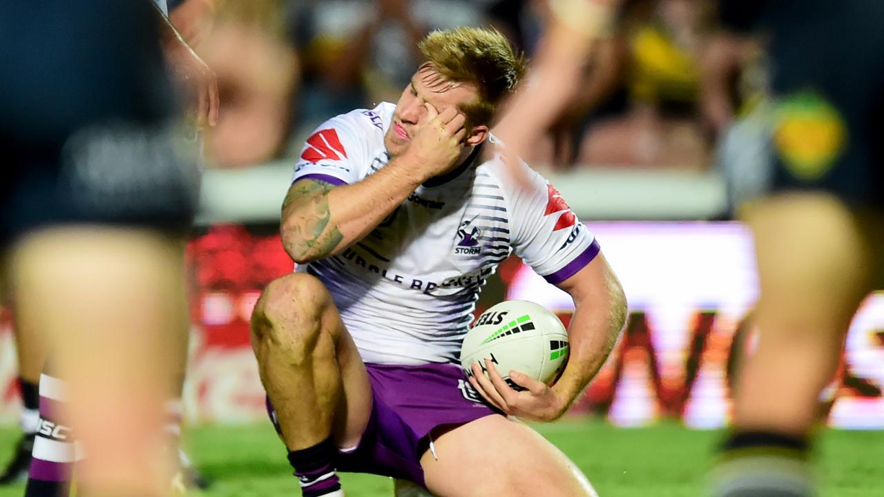 Cameron Munster complains of an eye gouge from Josh McGuire. Picture: Alix Sweeney