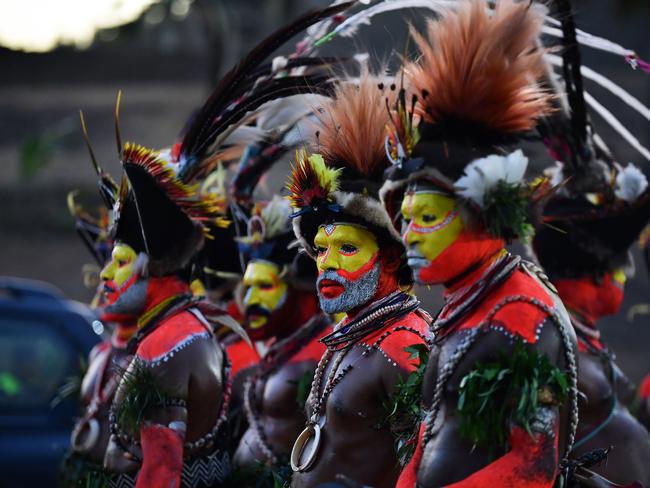 Papuan villagers of the Hela tribe clad in traditional costume. Picture: AFP