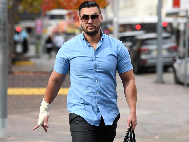 Salim Mehajer arrives at Parramatta District Court with a bandaged hand. Picture: Joel Carrett