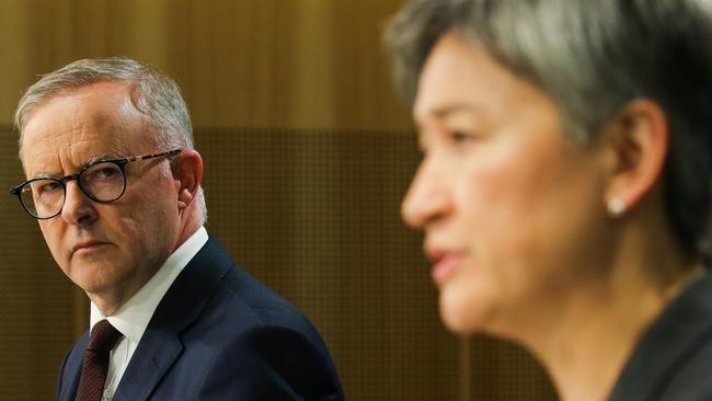 SYDNEY, AUSTRALIA - NewsWire Photos -FEBRUARY 23 2022:The Leader of the Australian Labor Party, Anthony Albanese and Shadow Minister for Foreign Affairs, Penny Wong address the media in a press conference in Sydney. Picture: NCA Newswire/ Gaye Gerard