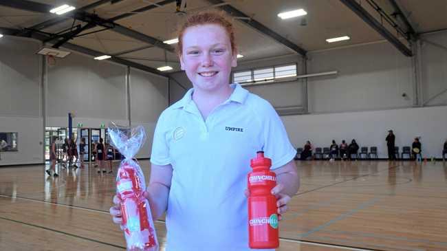 NET, SET, GO: Chinchilla's Peta Mizen put her new found umpiring skills to the test at last weekend's junior netball carnival. Picture: Kate McCormack