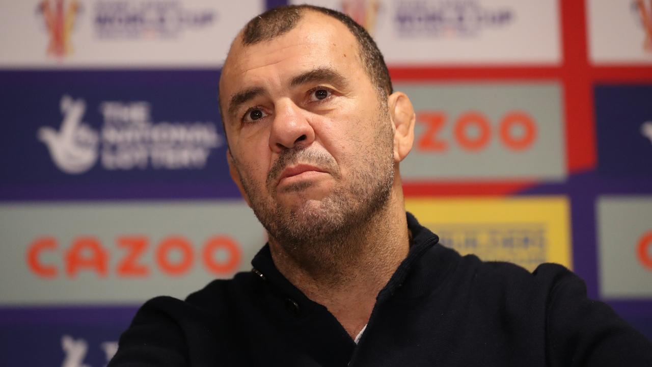 Michael Cheika talks to the media following the Rugby League World Cup match between Lebanon and Jamaica. Picture: Getty Images