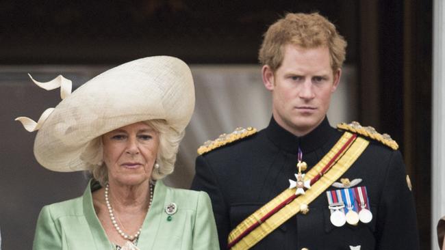 Camilla and Prince Harry during the annual Trooping The Colour ceremony at Buckingham Palace on June 13, 2015 in London.