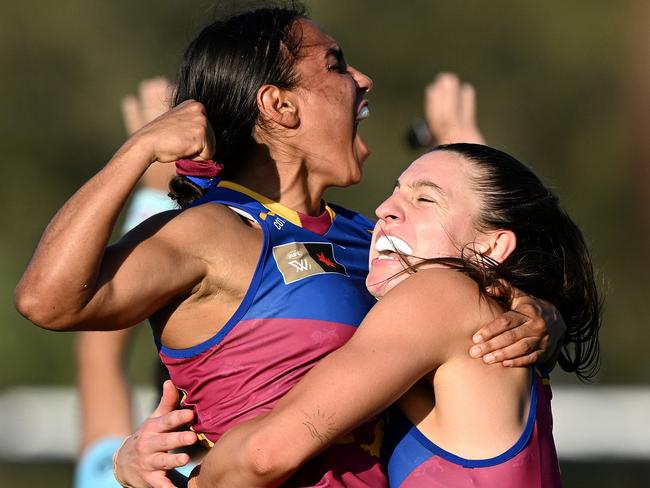 IPSWICH, AUSTRALIA - SEPTEMBER 29: Courtney Hodder and Tahlia Hickie of the Lions celebrate victory during the round five AFLW match between Brisbane Lions and Adelaide Crows at Brighton Homes Arena, on September 29, 2024, in Brisbane, Australia. (Photo by Bradley Kanaris/Getty Images)