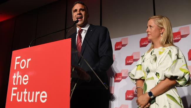 Premier-elect Peter Malinauskas and wife Annabel on Saturday night at Labor’s Election HQ at Adelaide Oval. Picture: Tricia Watkinson