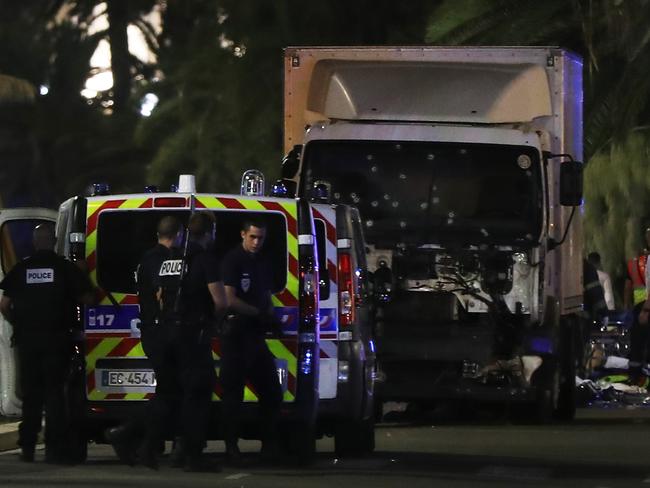 The truck is seen covered in bullet holes. Picture: AFP /Valery Hache