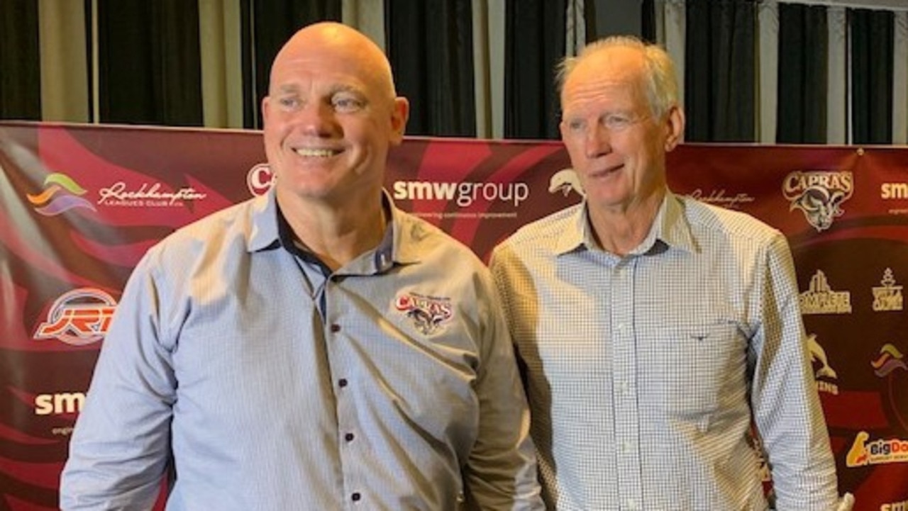 Capras' CEO Peter White and Dolphins' head coach Wayne Bennett announce the clubs' affiliation.