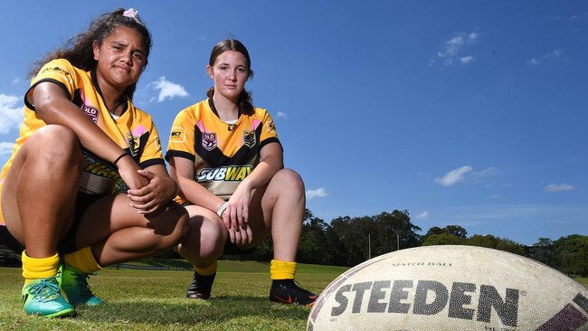 Caboolture Snakes rugby league players Jaydah Tofae and Grace Giampino as juniors in 2019. Now they will play for Queensland under 19s at the nationals.