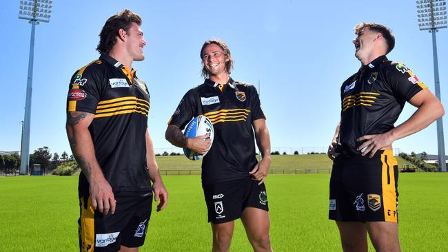 Melbourne Storm-contracted Falcons players Darryn Schonig, Nicho Hynes and Trent Loiero at Sunshine Coast Stadium.