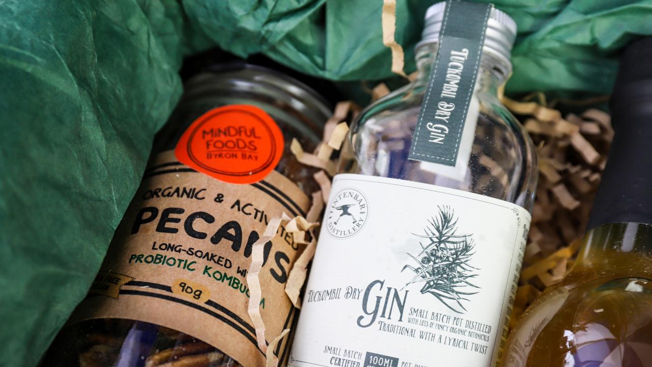 Gin and pecans in one of the Flavours of Byron Bay hampers. Picture: Jenifer Jagielski