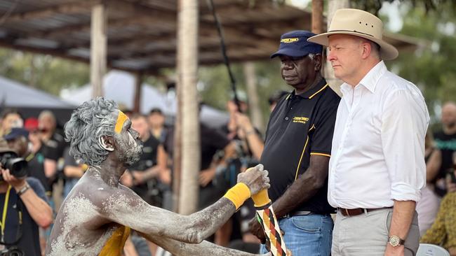 Yothu Yindi Foundation chairman Djawa Yunupingu and Anthony Albanese watch a Yolngu dance to open Garma. Picture: Fia Walsh.