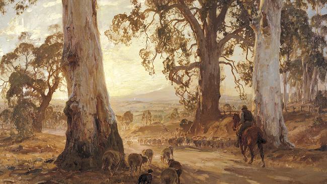 Detail of <i>Droving into the Light</i> (1914-1921), oil on canvas, by Hans Heysen.